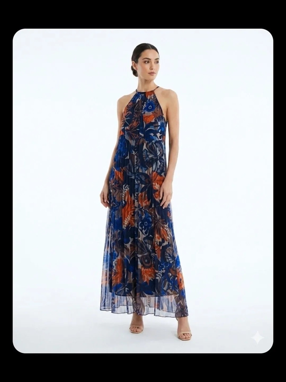 Sleeveless Floral Halter Maxi Dress in Navy and Rust